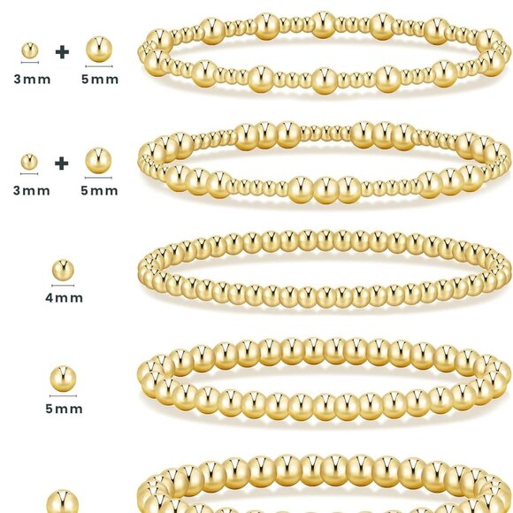 Gold Beaded Bracelets Set Women 14K Gold Plated Elastic 5-Piece 6-7.5" - Picture 5 of 9